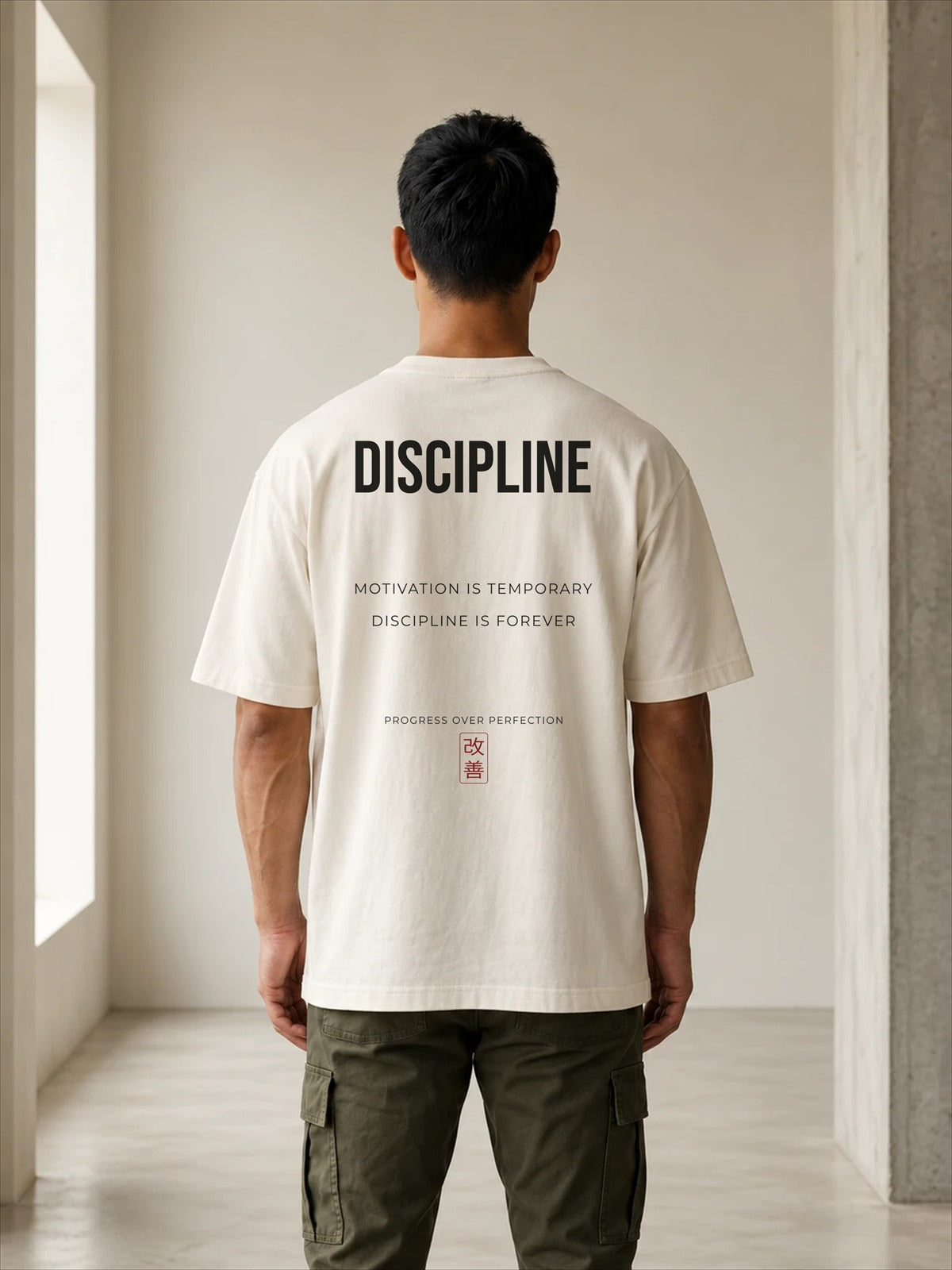Camiseta KAIZEN 01 Discipline, espalda sobre modelo hombre (imagen ilustrativa)